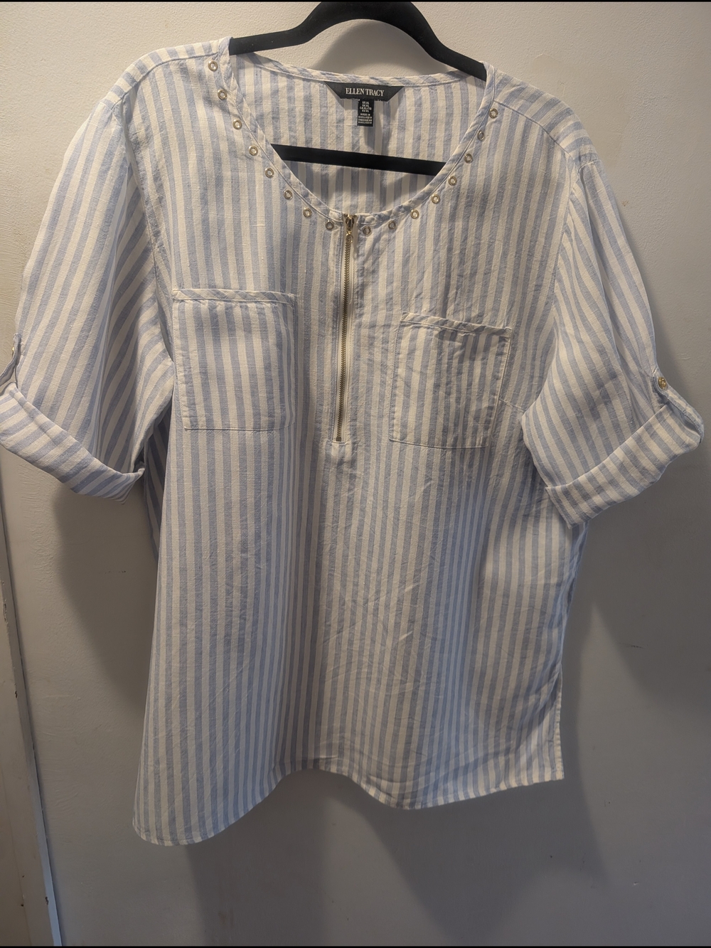 Ellen Tracy Light Blue & White Striped Popover Tunic